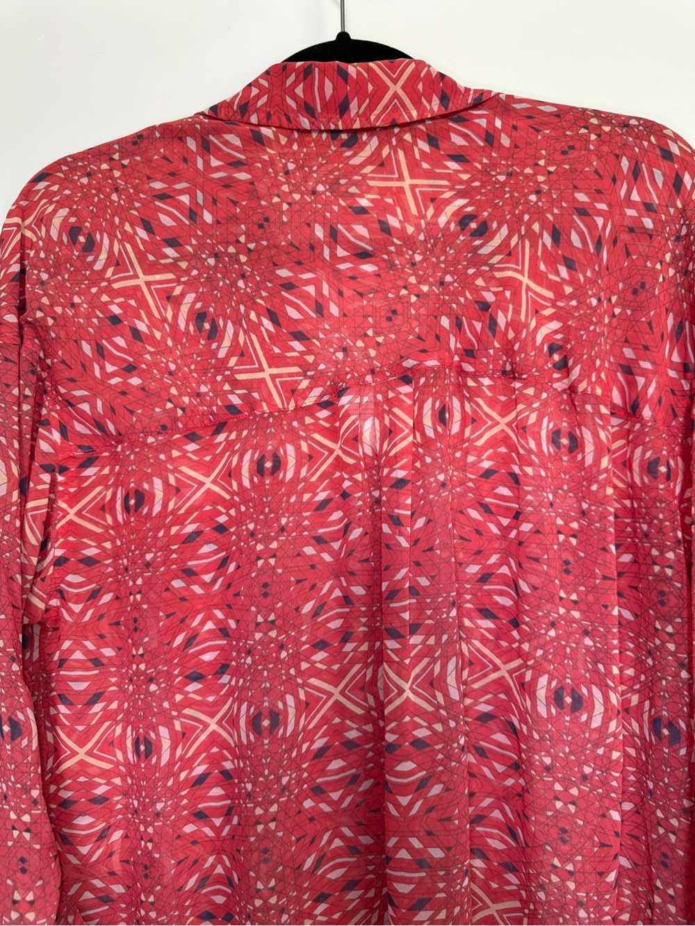 Free People Easy Rider Sheer Chiffon Coral Geometric Print Button-Down Shirt M - Picture 10 of 13